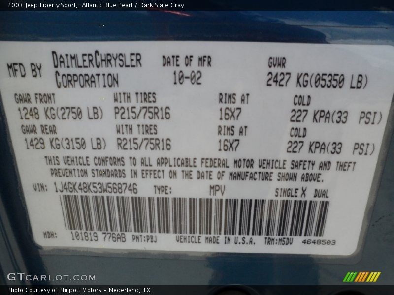 Atlantic Blue Pearl / Dark Slate Gray 2003 Jeep Liberty Sport