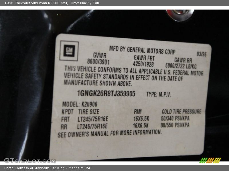 Onyx Black / Tan 1996 Chevrolet Suburban K2500 4x4