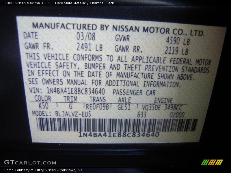 Dark Slate Metallic / Charcoal Black 2008 Nissan Maxima 3.5 SE