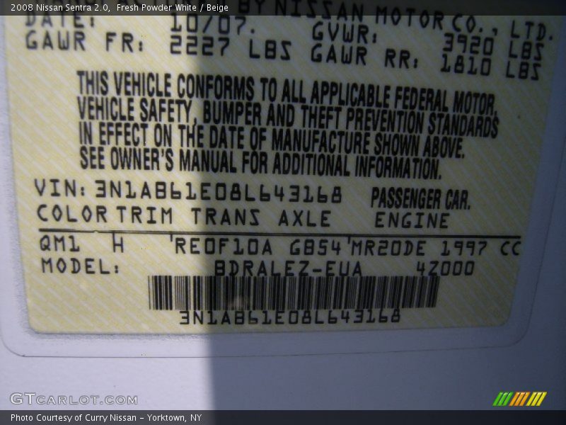 Fresh Powder White / Beige 2008 Nissan Sentra 2.0