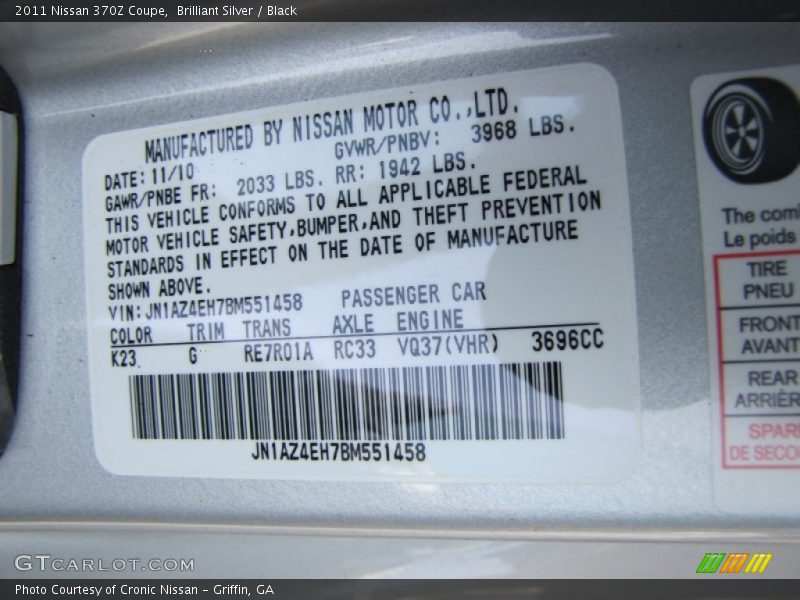 2011 370Z Coupe Brilliant Silver Color Code K23
