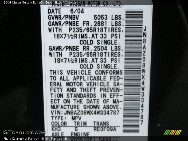 Super Black / Charcoal 2004 Nissan Murano SL AWD