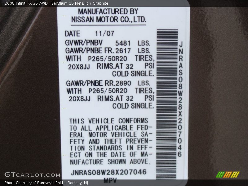 Beryllium 16 Metallic / Graphite 2008 Infiniti FX 35 AWD
