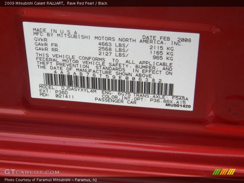 Rave Red Pearl / Black 2009 Mitsubishi Galant RALLIART