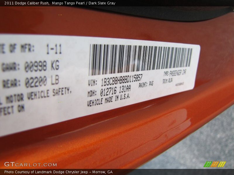 2011 Caliber Rush Mango Tango Pearl Color Code PVG