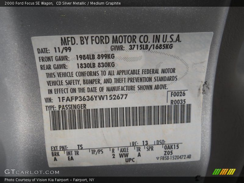 2000 Focus SE Wagon CD Silver Metallic Color Code TS
