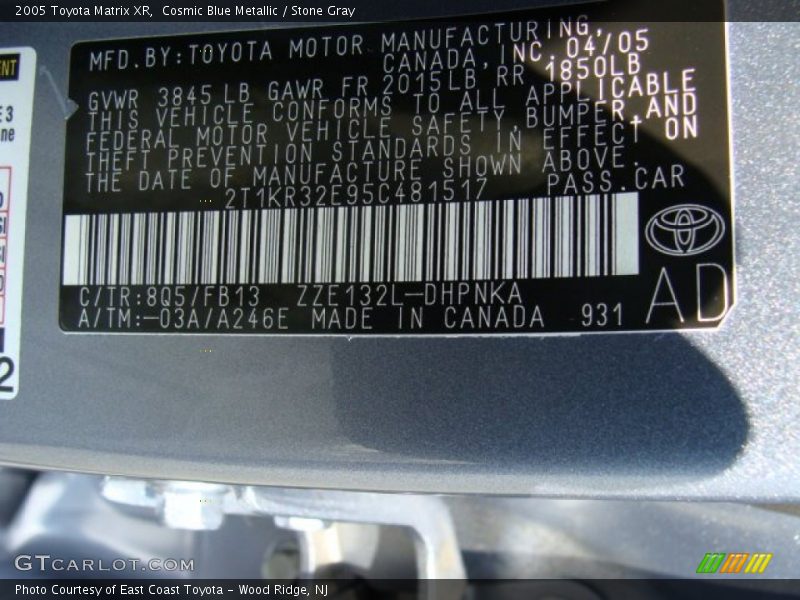 Cosmic Blue Metallic / Stone Gray 2005 Toyota Matrix XR
