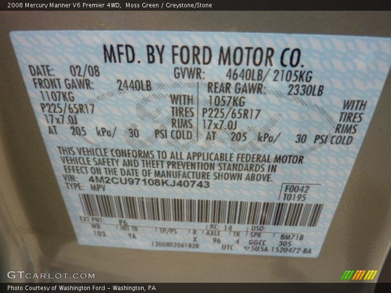 Moss Green / Greystone/Stone 2008 Mercury Mariner V6 Premier 4WD