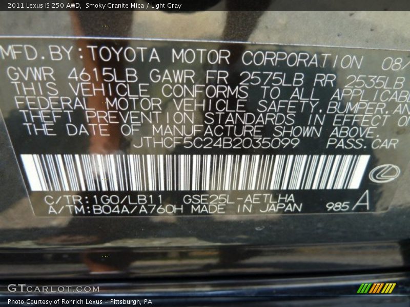 Smoky Granite Mica / Light Gray 2011 Lexus IS 250 AWD
