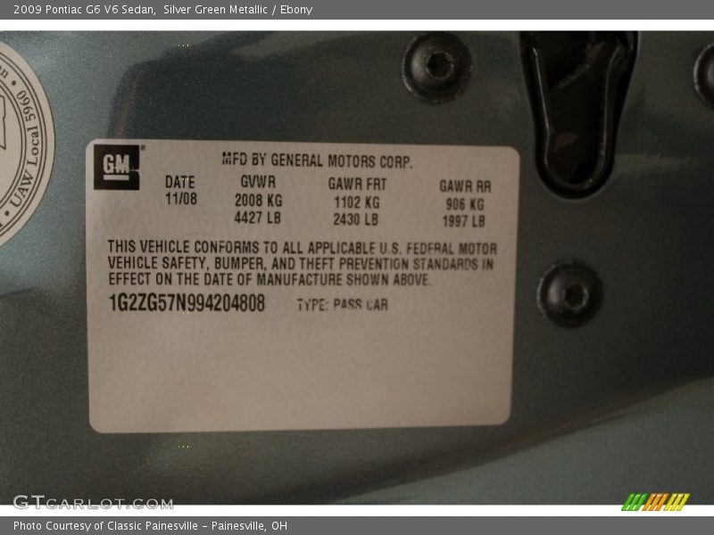 Silver Green Metallic / Ebony 2009 Pontiac G6 V6 Sedan