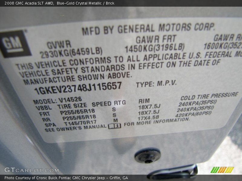 Blue-Gold Crystal Metallic / Brick 2008 GMC Acadia SLT AWD
