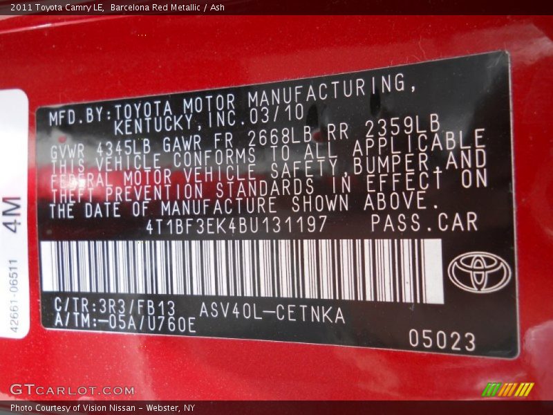 Barcelona Red Metallic / Ash 2011 Toyota Camry LE