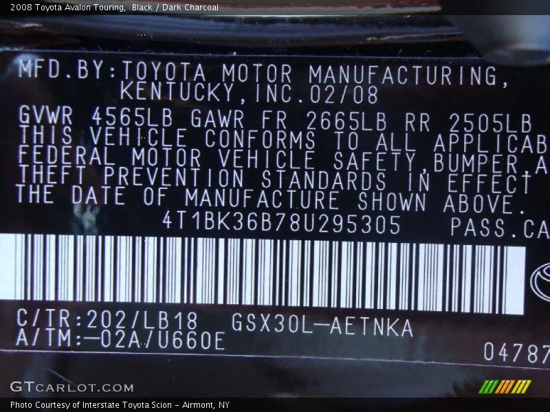 Black / Dark Charcoal 2008 Toyota Avalon Touring