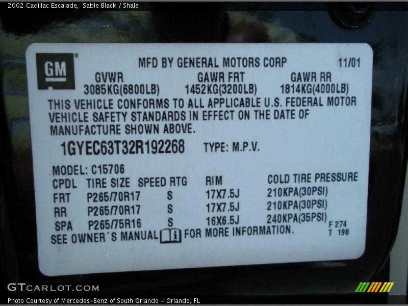 Info Tag of 2002 Escalade 