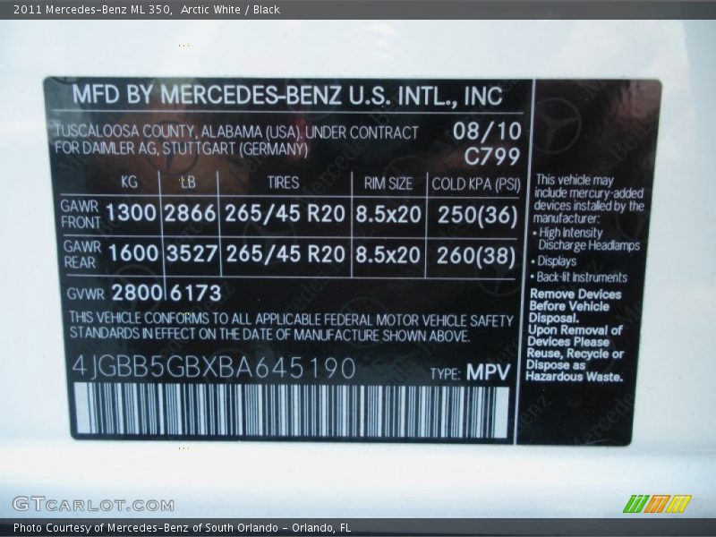 Arctic White / Black 2011 Mercedes-Benz ML 350