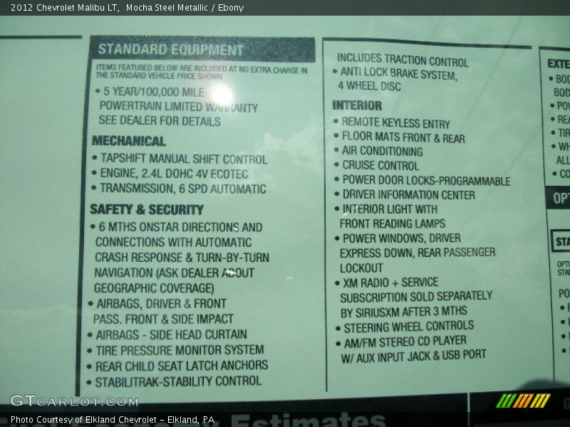  2012 Malibu LT Window Sticker