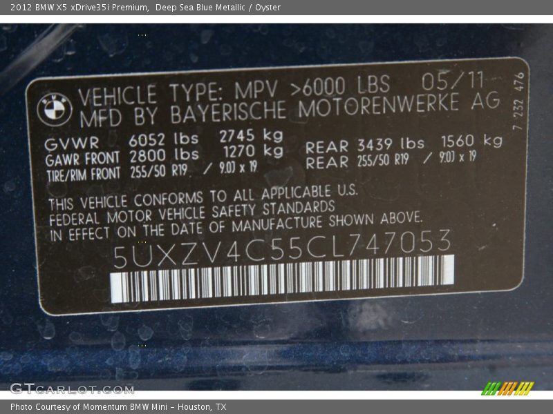 Deep Sea Blue Metallic / Oyster 2012 BMW X5 xDrive35i Premium