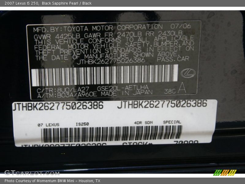 Black Sapphire Pearl / Black 2007 Lexus IS 250