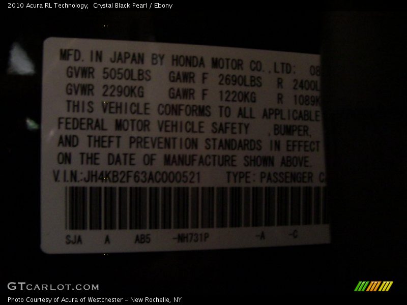 Crystal Black Pearl / Ebony 2010 Acura RL Technology