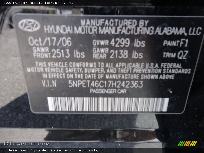 Ebony Black / Gray 2007 Hyundai Sonata GLS