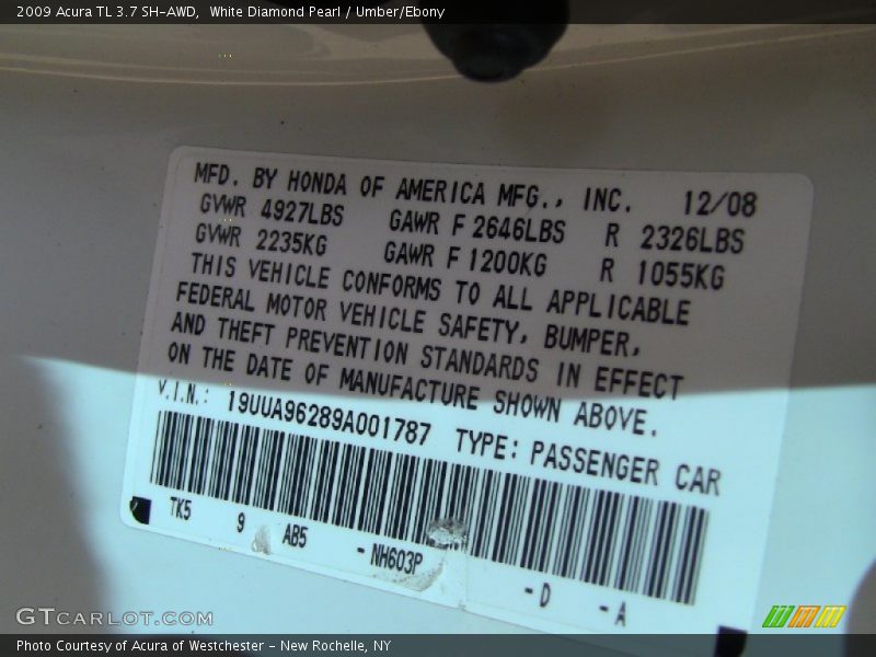 2009 TL 3.7 SH-AWD White Diamond Pearl Color Code NH603P