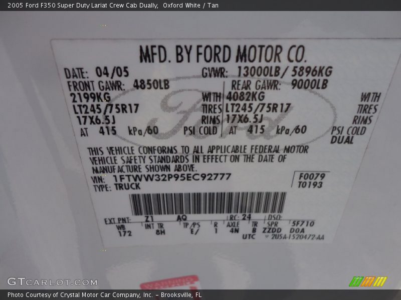 2005 F350 Super Duty Lariat Crew Cab Dually Oxford White Color Code Z1