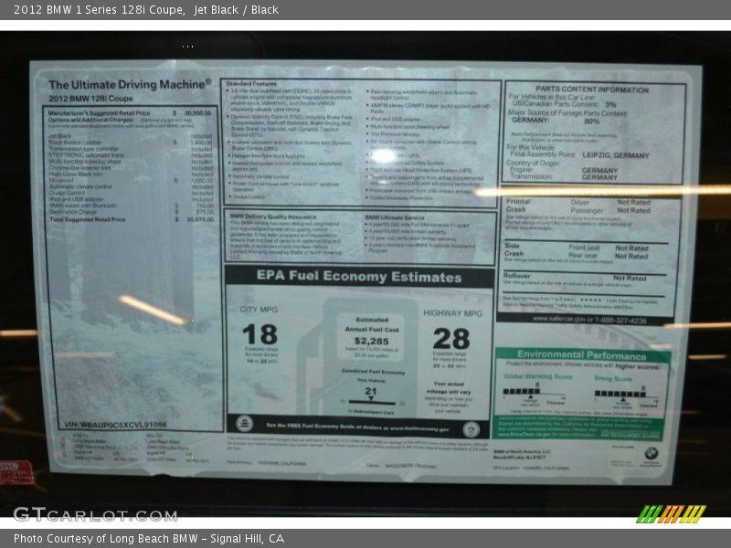 2012 1 Series 128i Coupe Window Sticker