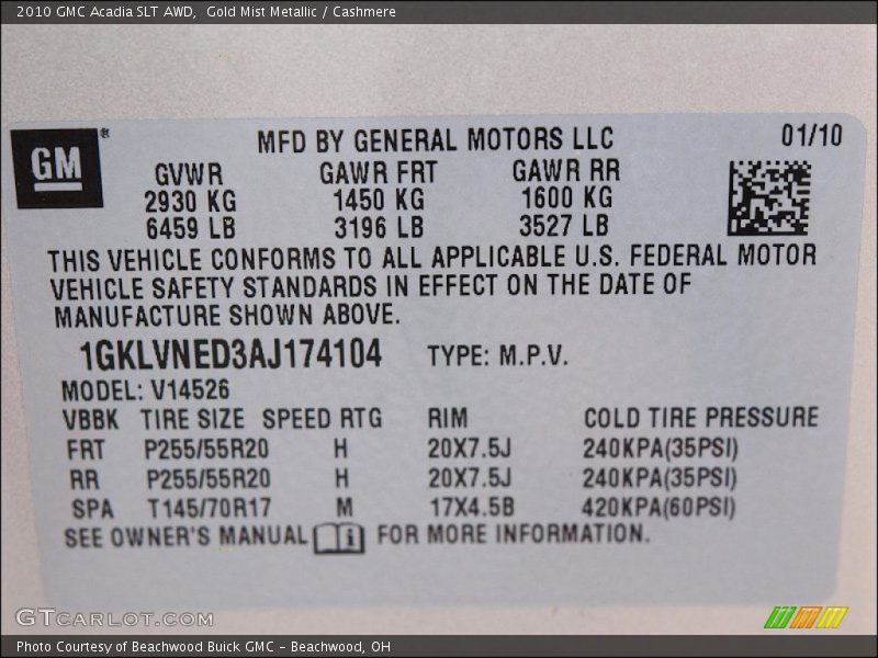 Gold Mist Metallic / Cashmere 2010 GMC Acadia SLT AWD