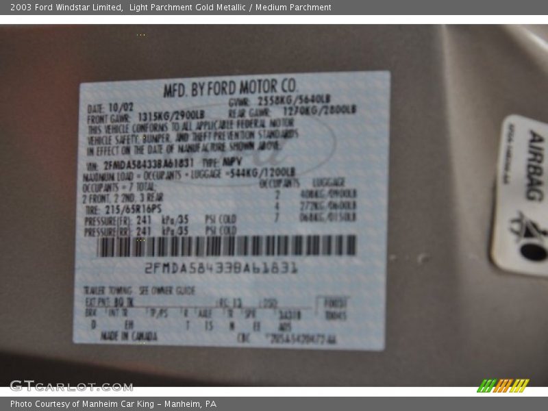 Light Parchment Gold Metallic / Medium Parchment 2003 Ford Windstar Limited