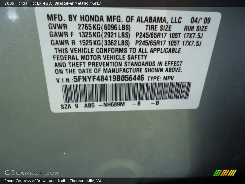 Billet Silver Metallic / Gray 2009 Honda Pilot EX 4WD