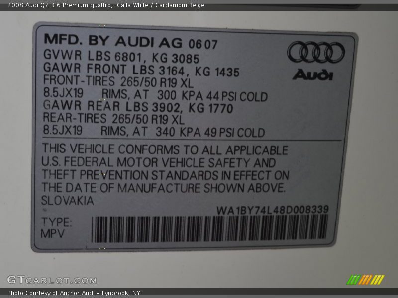 Calla White / Cardamom Beige 2008 Audi Q7 3.6 Premium quattro