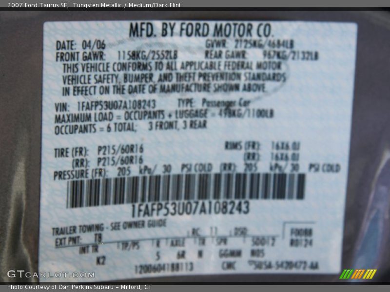 Tungsten Metallic / Medium/Dark Flint 2007 Ford Taurus SE