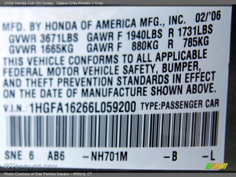 Galaxy Gray Metallic / Gray 2006 Honda Civic DX Sedan