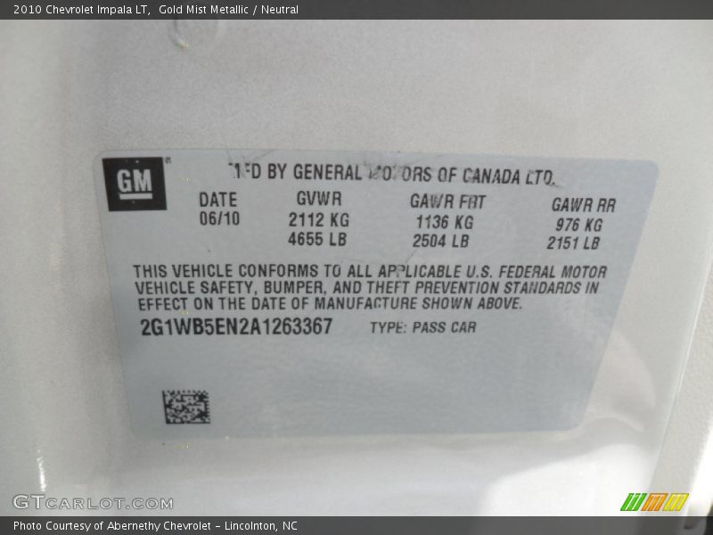 Gold Mist Metallic / Neutral 2010 Chevrolet Impala LT