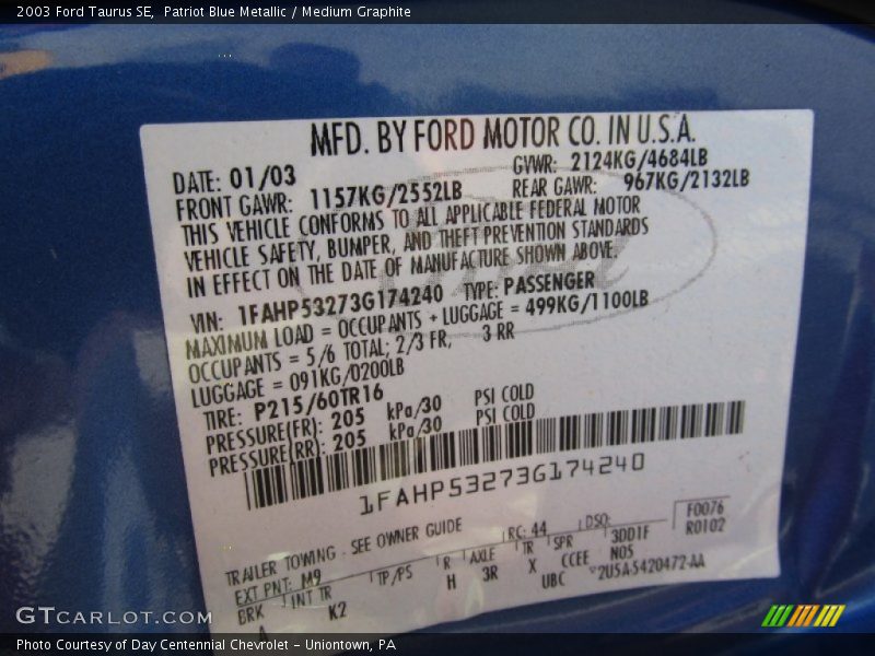 2003 Taurus SE Patriot Blue Metallic Color Code M9