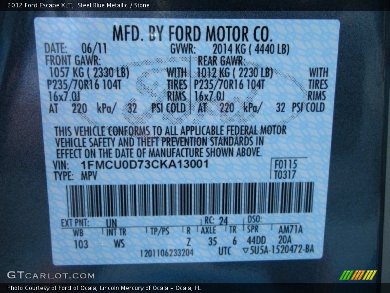 2012 Escape XLT Steel Blue Metallic Color Code UN
