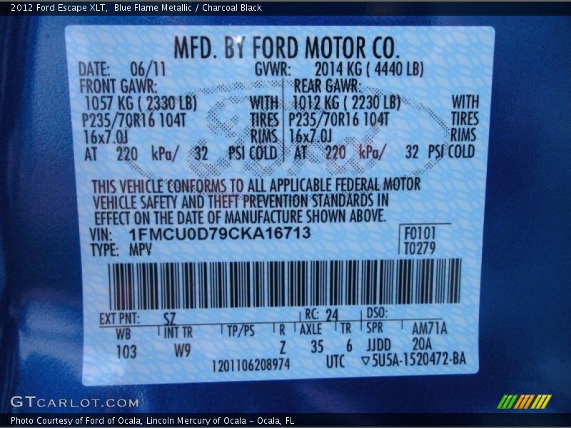 2012 Escape XLT Blue Flame Metallic Color Code SZ