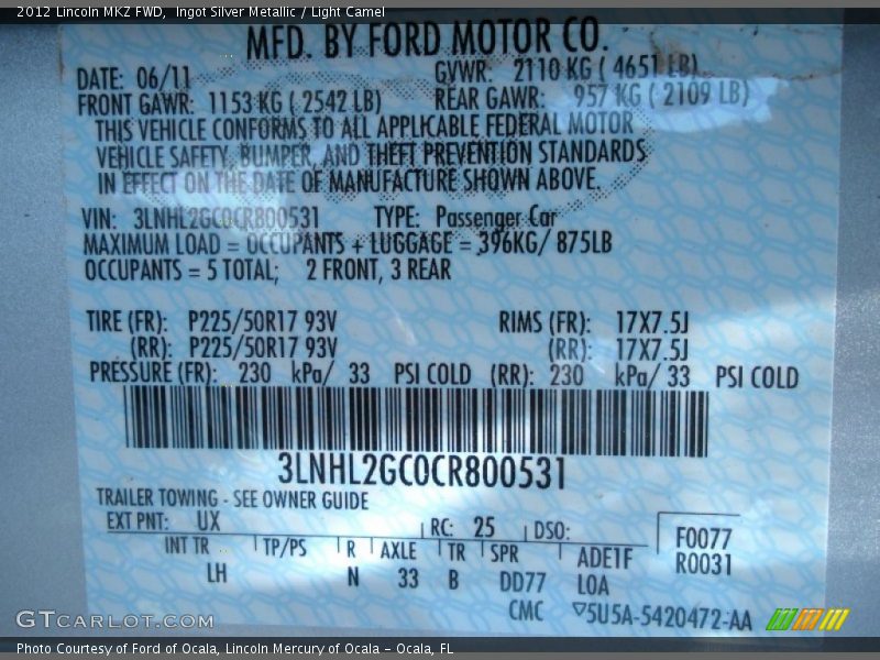2012 MKZ FWD Ingot Silver Metallic Color Code UX