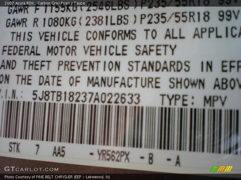 Carbon Gray Pearl / Taupe 2007 Acura RDX