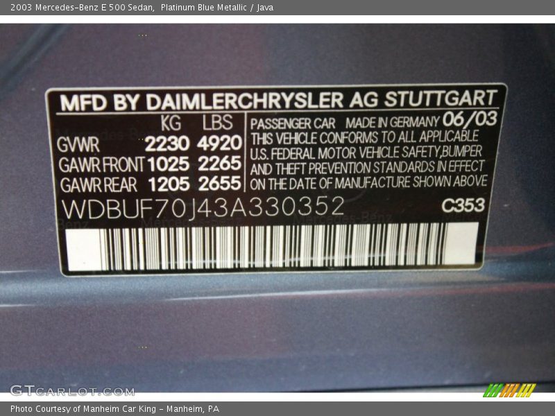 Platinum Blue Metallic / Java 2003 Mercedes-Benz E 500 Sedan