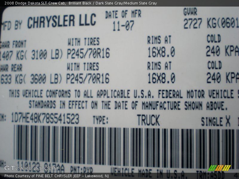 Brilliant Black / Dark Slate Gray/Medium Slate Gray 2008 Dodge Dakota SLT Crew Cab