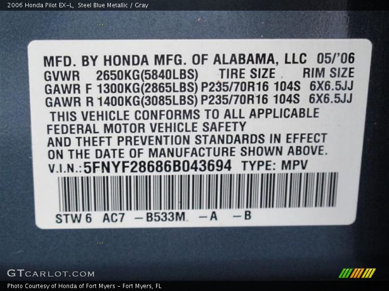 2006 Pilot EX-L Steel Blue Metallic Color Code B533M