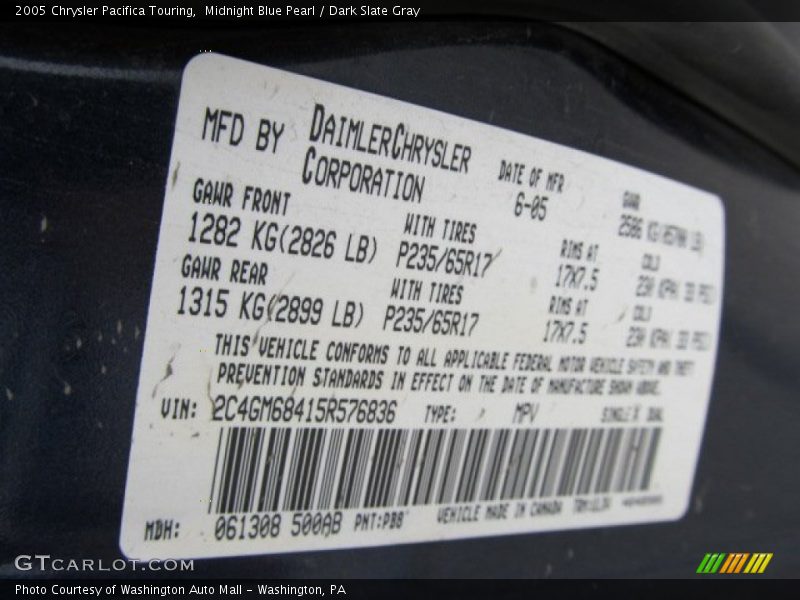 Midnight Blue Pearl / Dark Slate Gray 2005 Chrysler Pacifica Touring