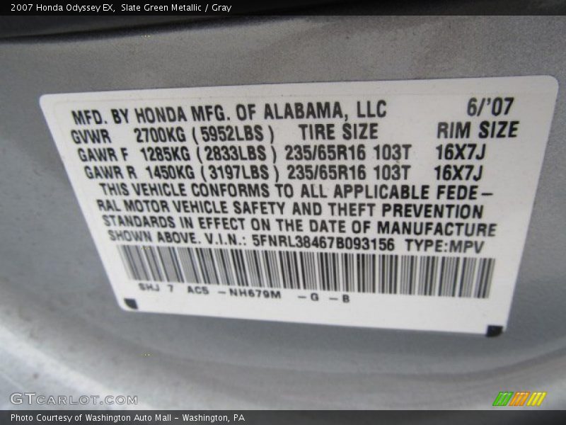 Slate Green Metallic / Gray 2007 Honda Odyssey EX