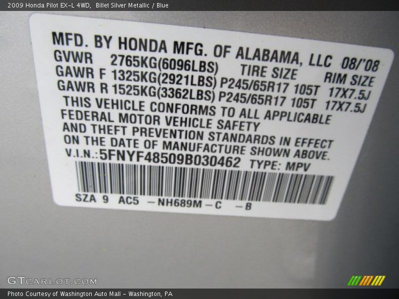 Billet Silver Metallic / Blue 2009 Honda Pilot EX-L 4WD