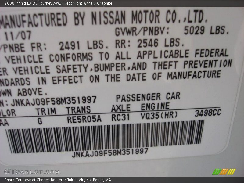 Moonlight White / Graphite 2008 Infiniti EX 35 Journey AWD
