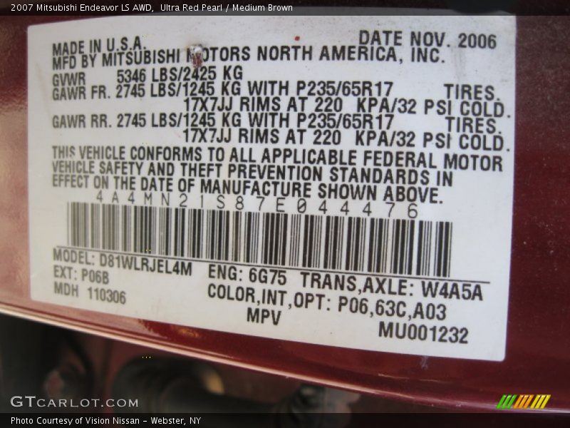 Ultra Red Pearl / Medium Brown 2007 Mitsubishi Endeavor LS AWD
