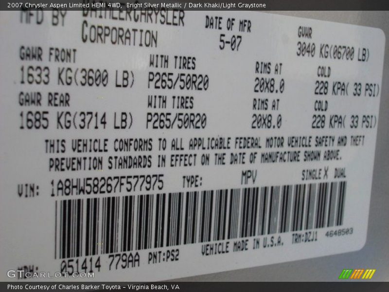 Bright Silver Metallic / Dark Khaki/Light Graystone 2007 Chrysler Aspen Limited HEMI 4WD