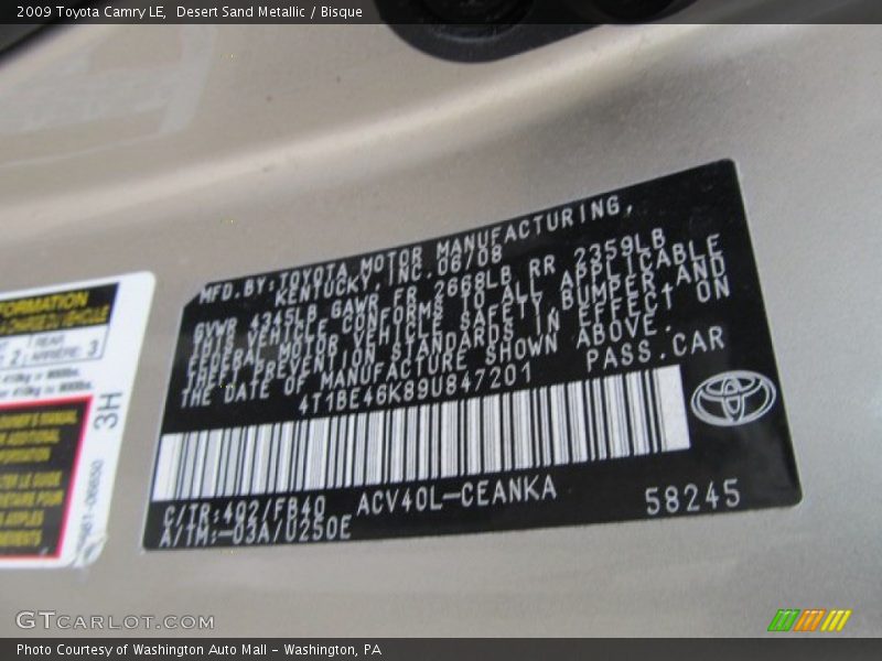 Desert Sand Metallic / Bisque 2009 Toyota Camry LE