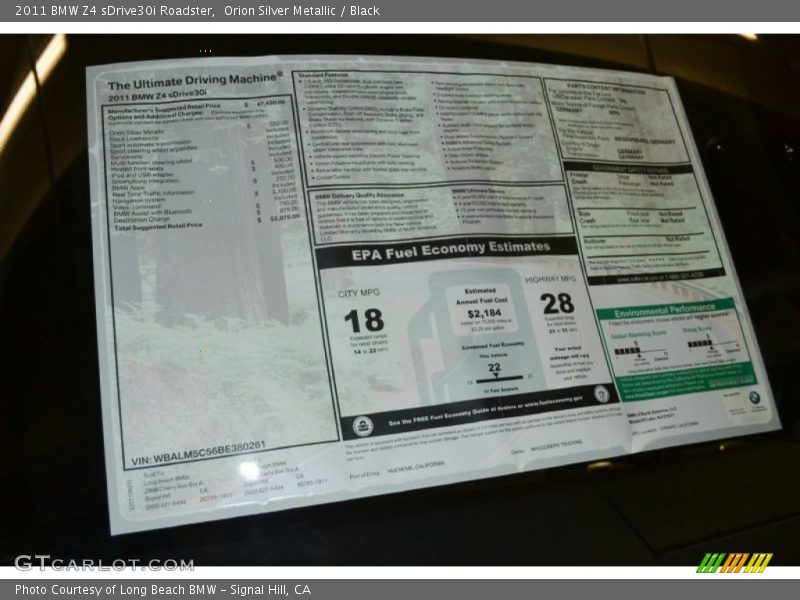  2011 Z4 sDrive30i Roadster Window Sticker